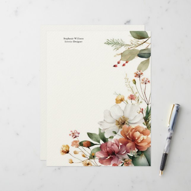 Personalized Burgundy Teal White Florals  Custom Letterhead (Front/Back In Situ)