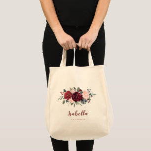 Personalized burgundy watercolor floral bridesmaid tote bag