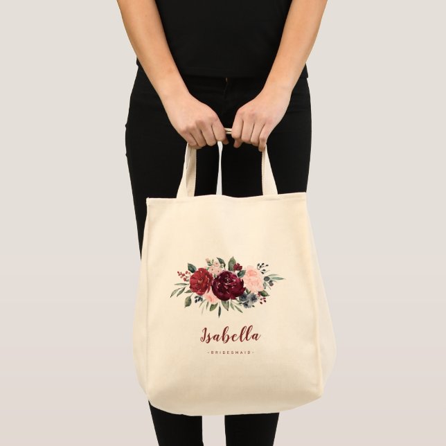 Personalized burgundy watercolor floral bridesmaid tote bag (Front (Product))