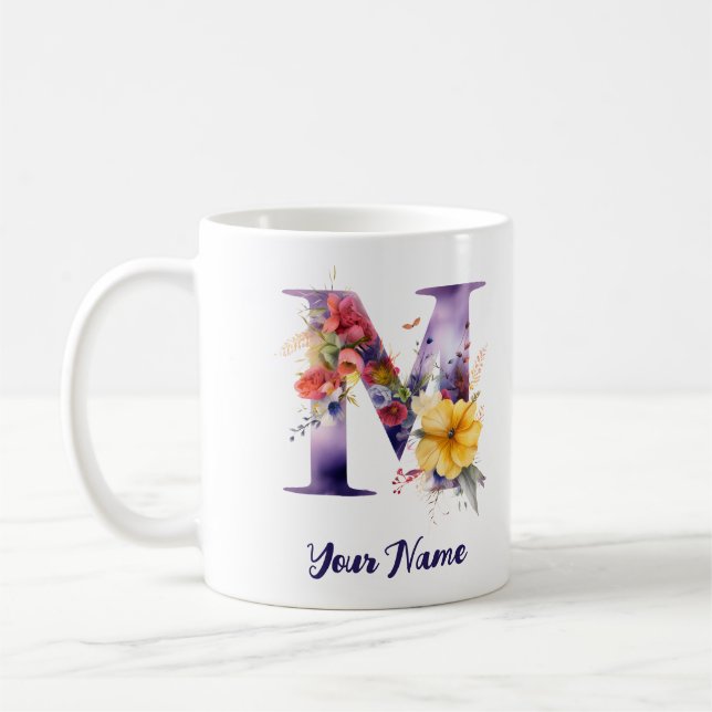 Personalized Butterfly and Flowers  Letter "M" Coffee Mug (Left)
