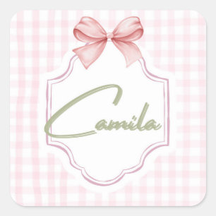 Personalized Camila Baby Girl Nursery Bow&Gingham  Square Sticker