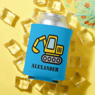 Personalized can coolers with toy excavator digger
