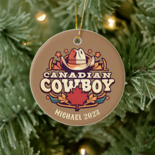 Personalized Canadian Cowboy Christmas Ceramic Tree Decoration