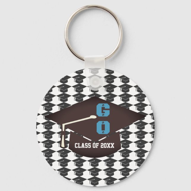 Personalized Cap and Gown Graduation Blue Text Key Ring (Front)