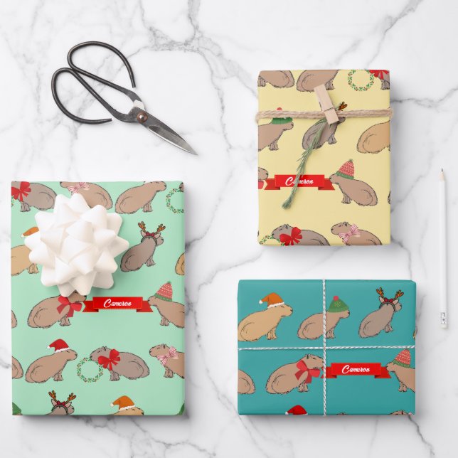 Personalized Capybara Cute Wildlife Christmas Wrapping Paper Sheet (Front)