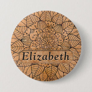 Personalized Carved Wood Floral Mandala 7.5 Cm Round Badge