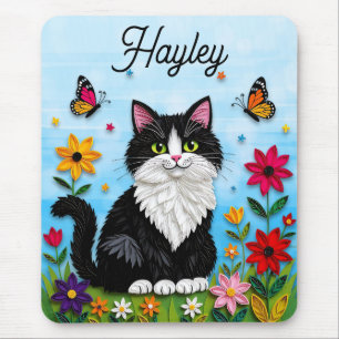 Personalized Cat, Flowers and Butterflies Mouse Pad