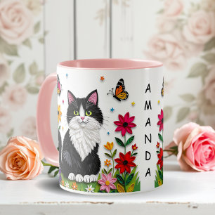 Personalized Cat, Flowers and Butterflies Mug