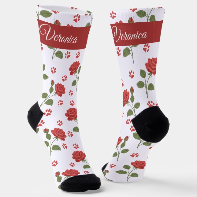 Personalized Cat Lover Socks with Name | Red Roses (Angled)