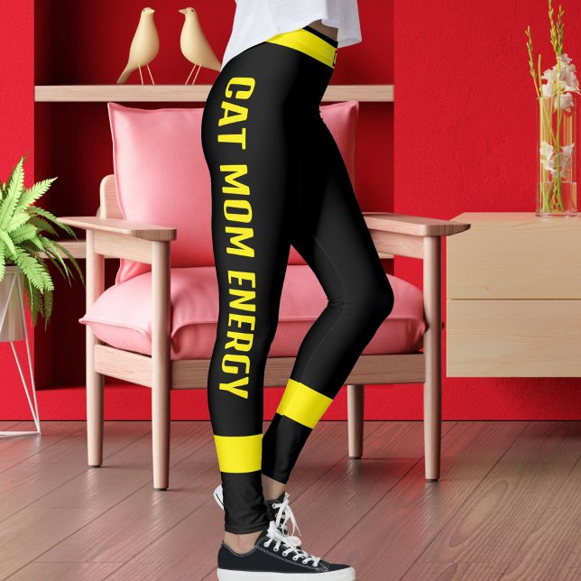 Personalized Cat Mom Pet Lover Yellow Stripe Black Leggings (Creator Uploaded)