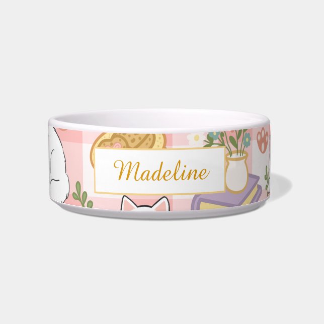 Personalized Cat Name Pastel Pink Bowl Ceramic (Front)