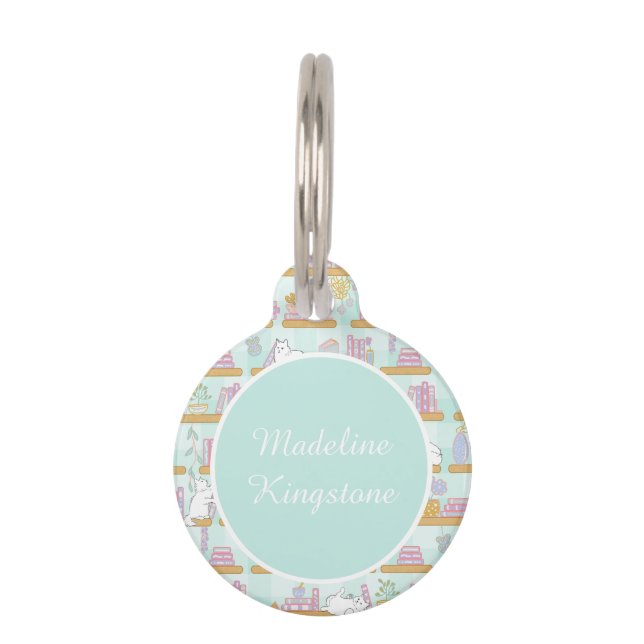 Personalized Cat Name Tag Cat Library Blue (Front)