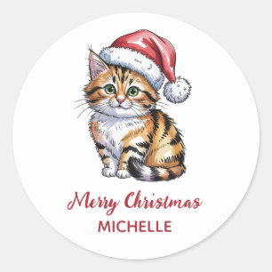 Personalized Cat with Santa Hat Christmas Classic Round Sticker
