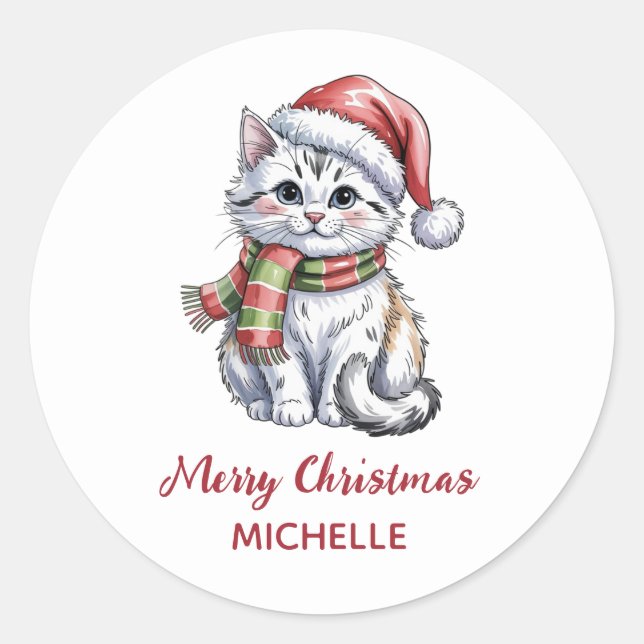 Personalized Cat with Santa Hat Christmas  Classic Round Sticker (Front)