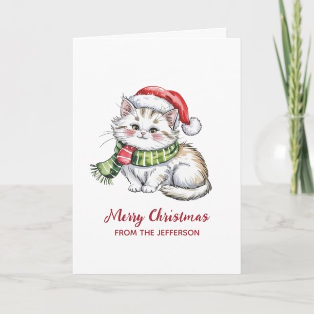 Personalized Cat with Santa Hat Christmas  Holiday Card (Front)
