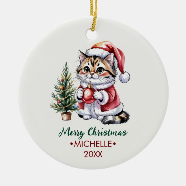 Personalized Cat with Santa Hat Christmas tree     Ceramic Tree Decoration (Front)