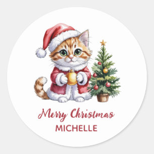 Personalized Cat with Santa Hat Christmas tree  Classic Round Sticker