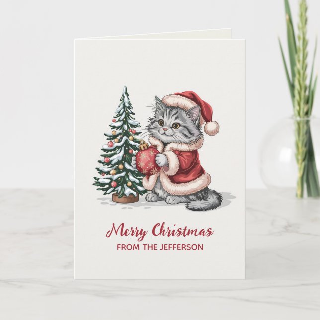 Personalized Cat with Santa Hat Christmas tree Holiday Card (Front)