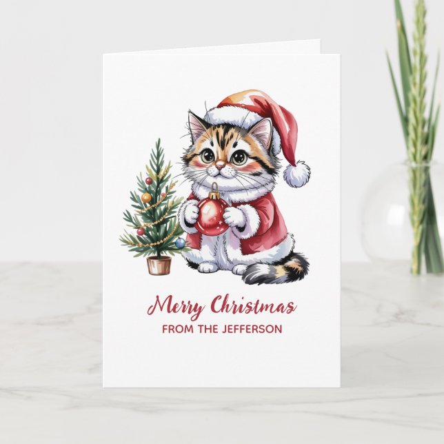 Personalized Cat with Santa Hat Christmas tree Holiday Card (Front)