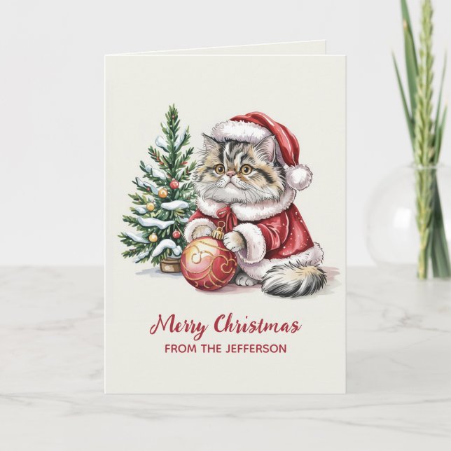 Personalized Cat with Santa Hat Christmas tree Holiday Card (Front)