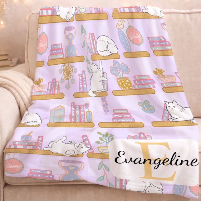 Personalized Cats Library Pastel Girl Book Purple Fleece Blanket (Creator Uploaded)