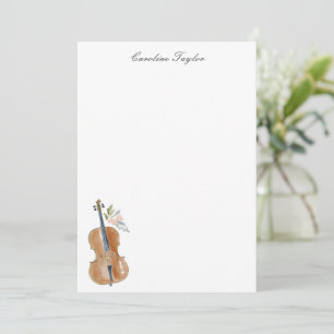 Personalized Cello Floral Watercolor Stationery Card