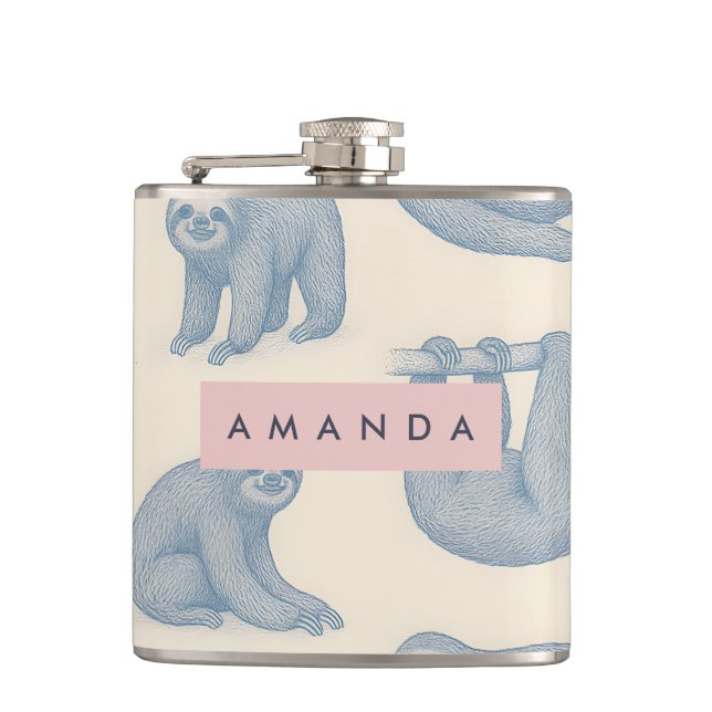 Personalized Charming Elegant Blue Sloth Pattern Hip Flask (Front)