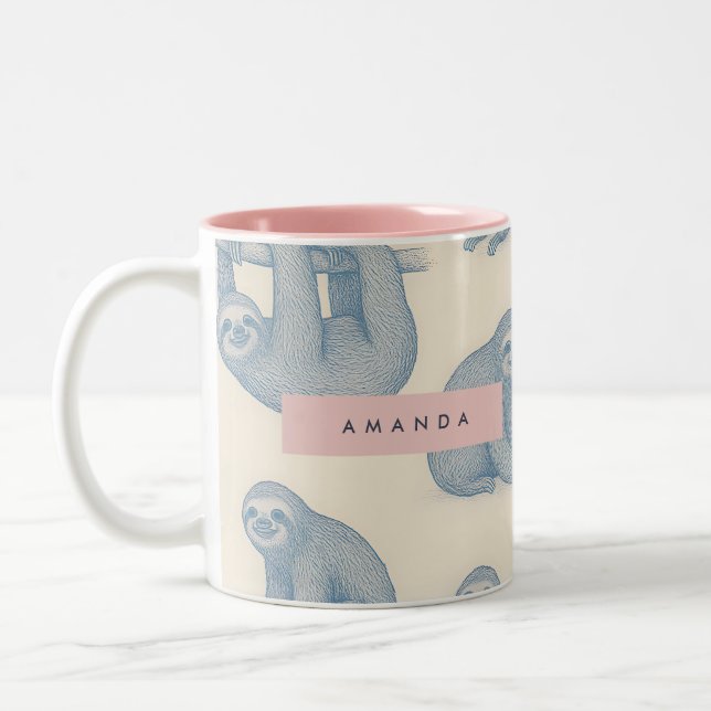 Personalized Charming Elegant Blue Sloth Pattern Two-Tone Coffee Mug (Left)