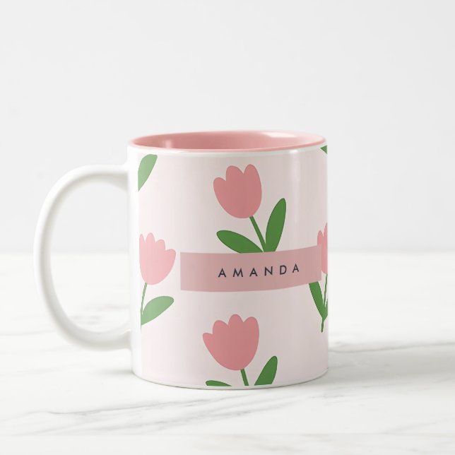 Personalized Charming Pink Tulip Floral Two-Tone Coffee Mug (Left)