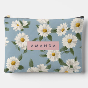 Personalized Charming White Daisies on Dusty Blue Accessory Pouch