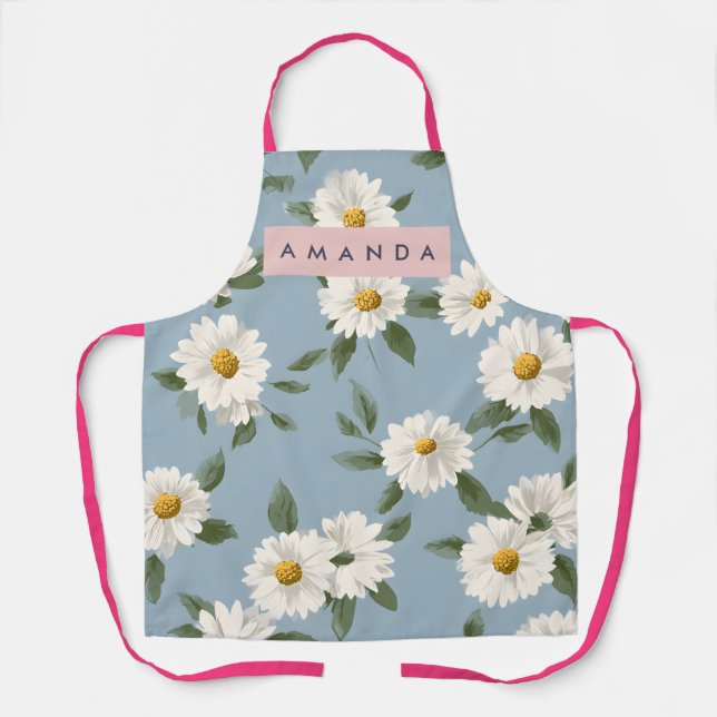 Personalized Charming White Daisies on Dusty Blue Apron (Front)