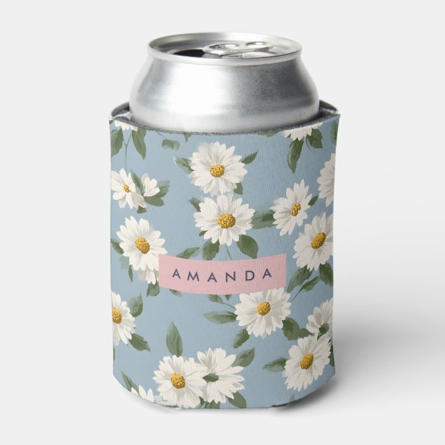 Personalized Charming White Daisies on Dusty Blue Can Cooler (Can Front)