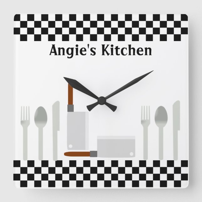 Personalized Checkerboard Kitchen Utensils Clock (Front)