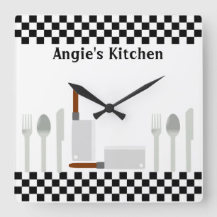 Personalized Checkerboard Kitchen Utensils Clock