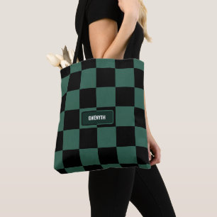 Personalized Checkered Green & Black Tote Bag