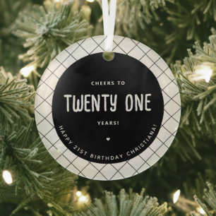 Personalized Cheers to 21 Years Modern and Elegant Glass Tree Decoration