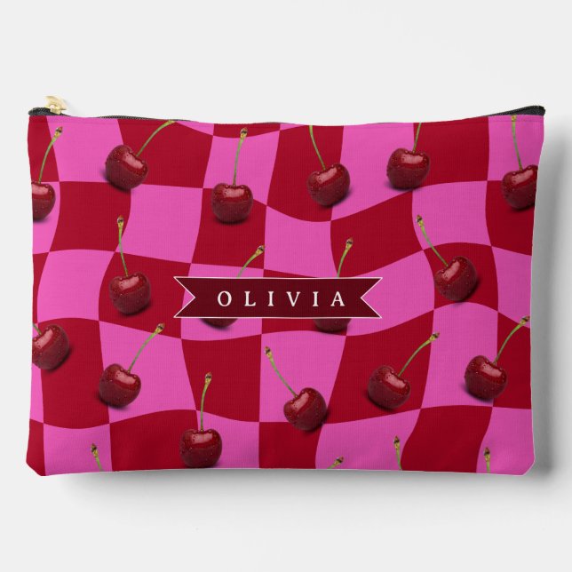 Personalized Cherry Gingham Retro Custom Name Accessory Pouch (Front)