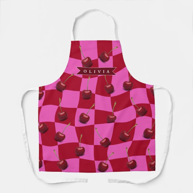 Personalized Cherry Gingham Retro Custom Name Apron (Front)