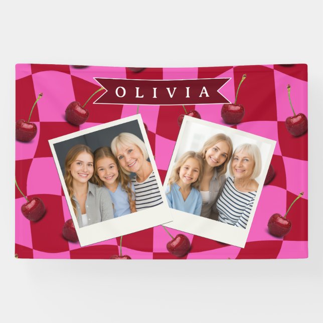 Personalized Cherry Gingham Retro Custom Name Banner (Horizontal)