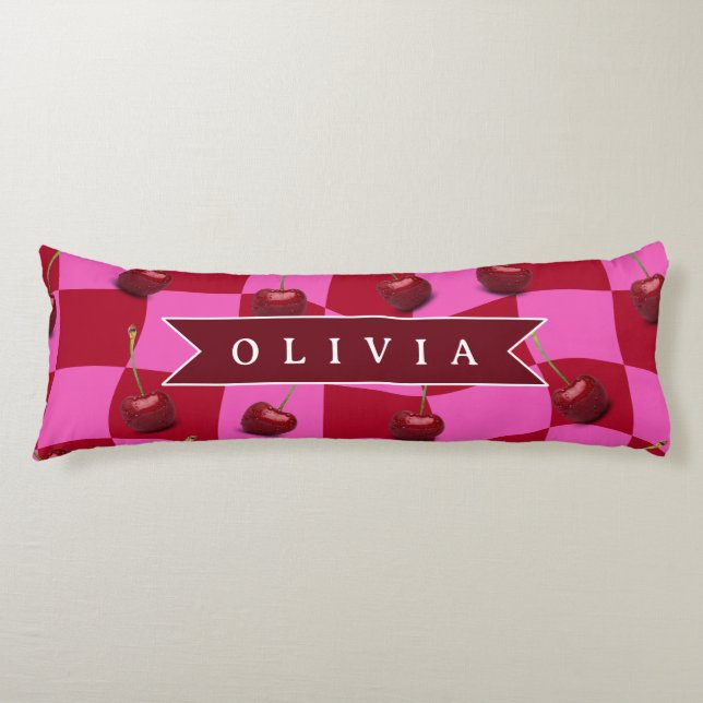Personalized Cherry Gingham Retro Custom Name Body Cushion (Front)