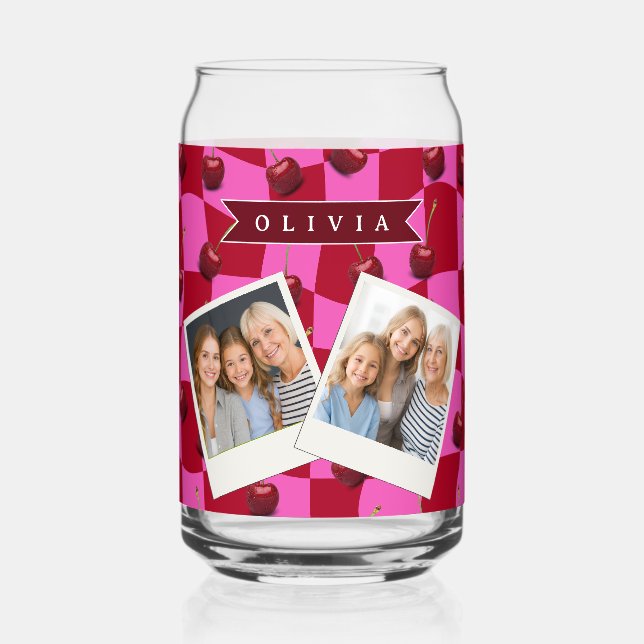 Personalized Cherry Gingham Retro Custom Name Can Glass (Front)