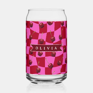 Personalized Cherry Gingham Retro Custom Name Can Glass