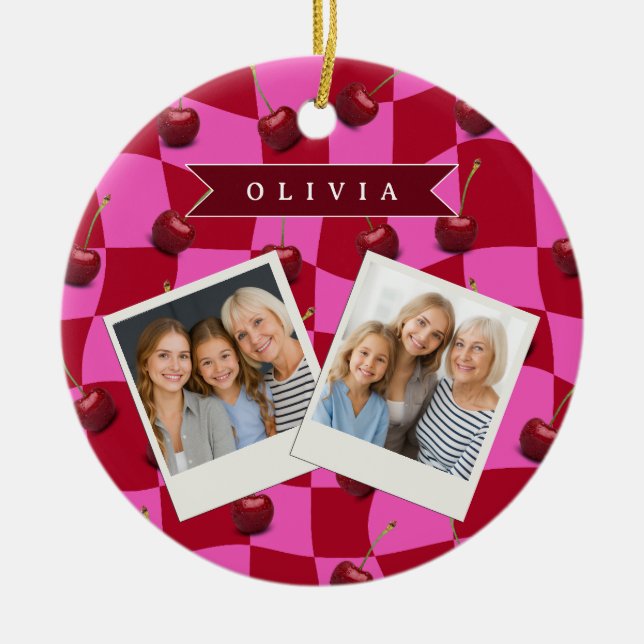 Personalized Cherry Gingham Retro Custom Name Ceramic Tree Decoration (Front)