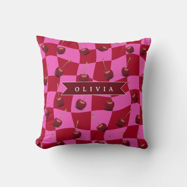 Personalized Cherry Gingham Retro Custom Name Cushion (Front)