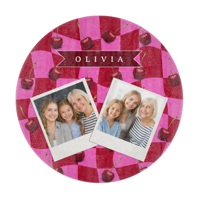 Personalized Cherry Gingham Retro Custom Name Cutting Board (Front)