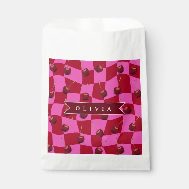 Personalized Cherry Gingham Retro Custom Name Favour Bags (Front)