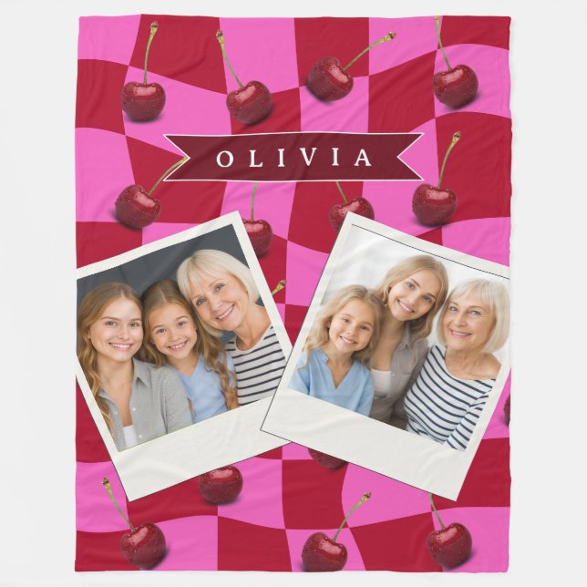 Personalized Cherry Gingham Retro Custom Name Fleece Blanket (Front)