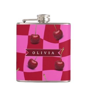 Personalized Cherry Gingham Retro Custom Name Hip Flask