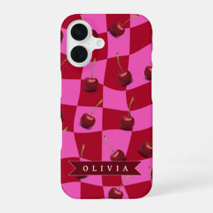 Personalized Cherry Gingham Retro Custom Name iPhone 16 Case