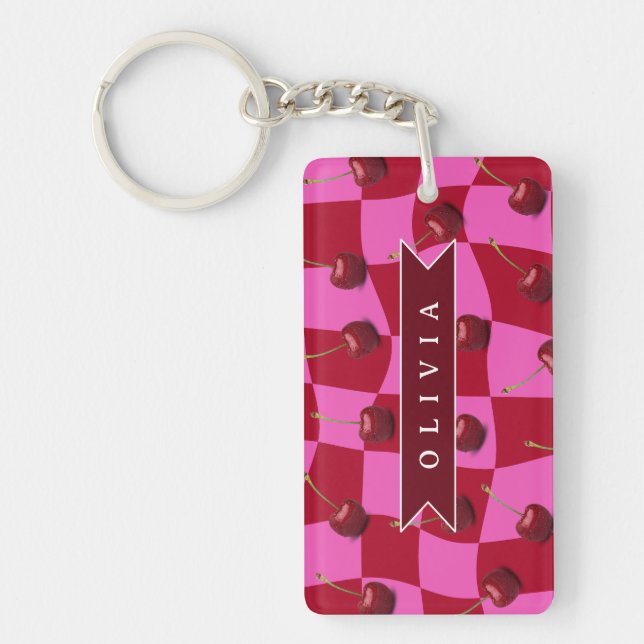Personalized Cherry Gingham Retro Custom Name Key Ring (Front)